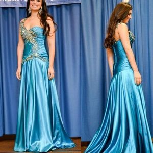 Custom Hand beaded Tony Bowls Pageant Gown teal & rhinestones- formal prom dress